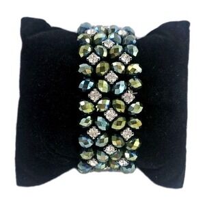 Vtg y2k Stretch ~1.5" Bracelet Faceted Peacock Green Beads‎ Rhinestone Bracelet